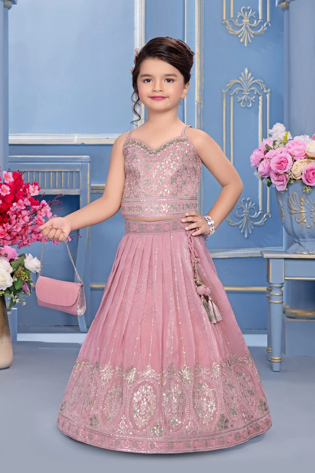 Dusty rose kids’ embroidered lehenga