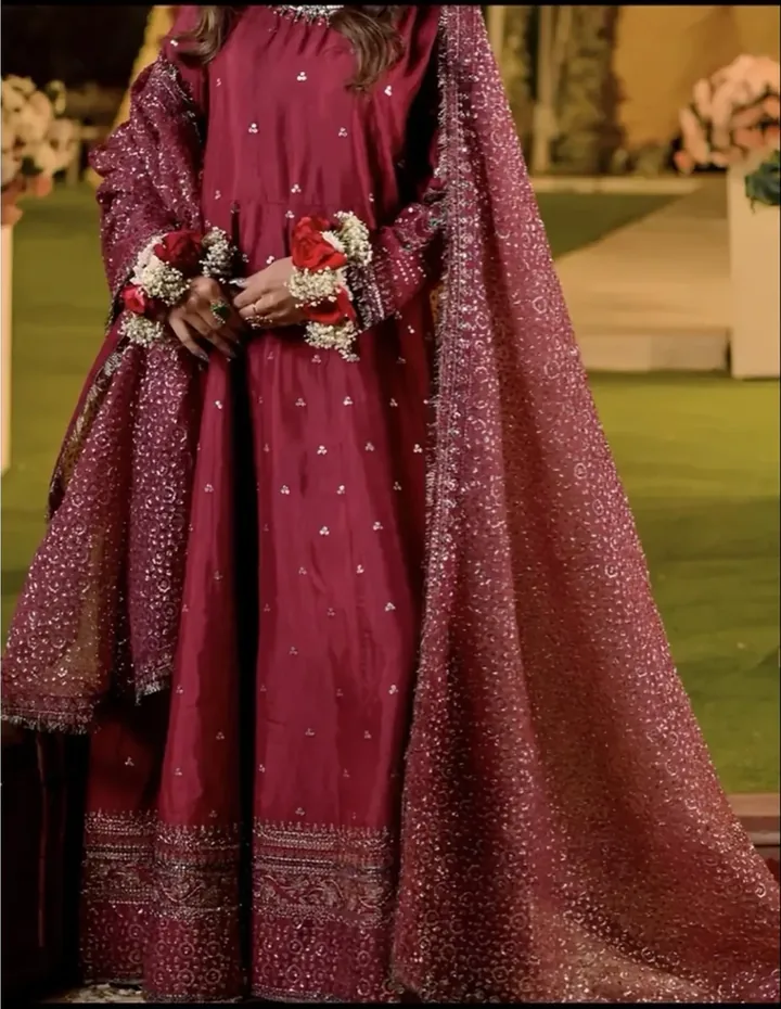 Maroon embroidered women’s occasion outfit